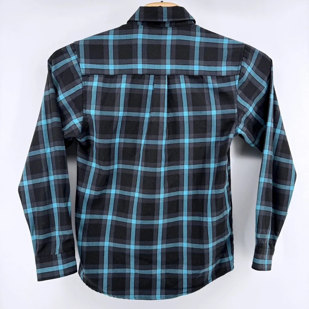 Dixxon Flannel Co Union Square Mens Small Teal Black Plaid D-Tech Flannel Shirt